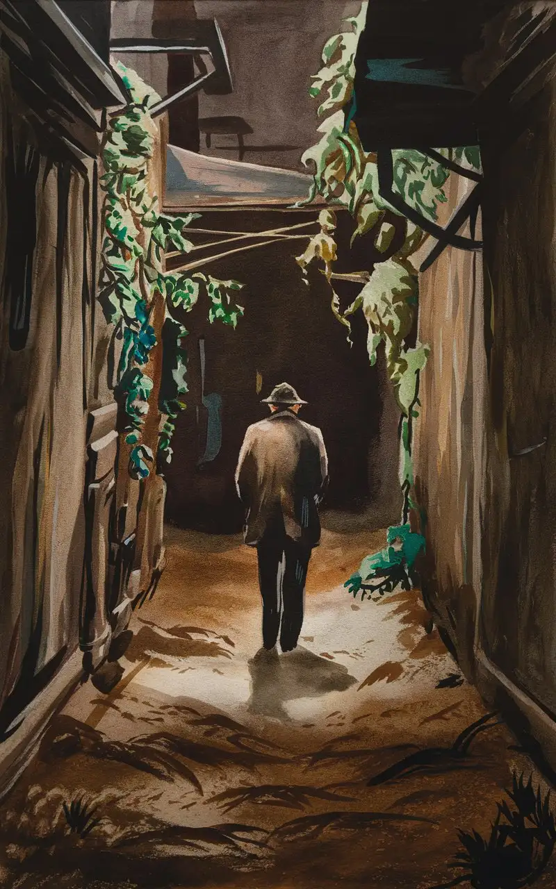 Man Walking Alone in a Dark Alley with Earthy Walls and Plants