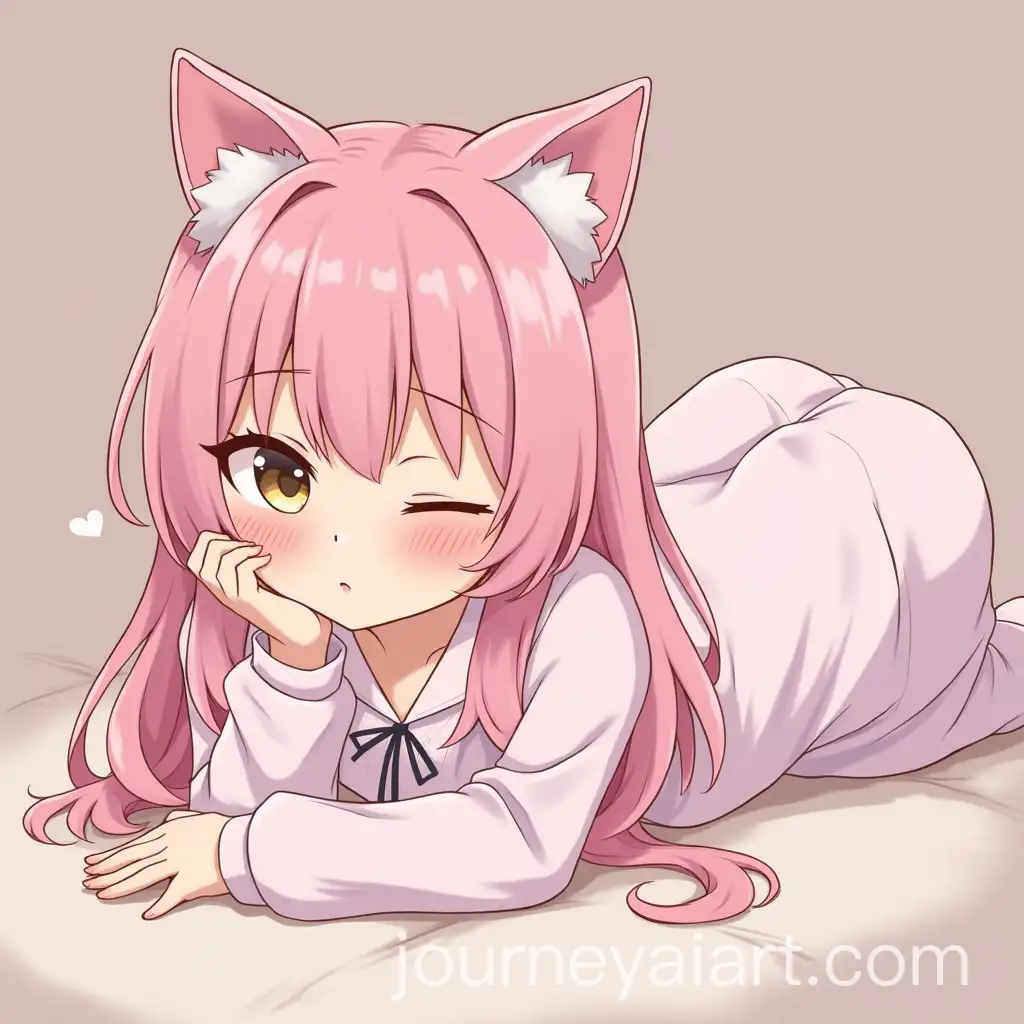 Detailed-Anime-Girl-with-Pink-Hair-and-Cat-Ears-Sleeping-on-Stomach