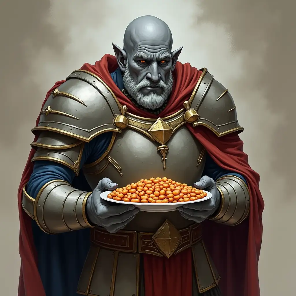 Goliath Paladin with Gray Rocklike Skin Holding Plate of Baked Beans