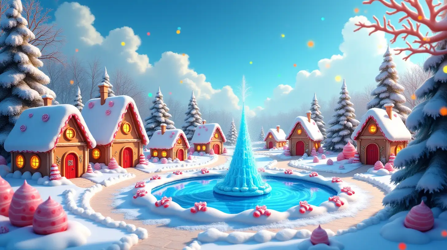 Magical land with bright blue sky and white clouds. Ginger bread houses within a sugar village covered in icing candy roofs and jellybean sidewalks around a blue ice-frozen water fountain. Candy canes. Colorful-Christmas lights sparkling on trees. Neighborhood campfire.