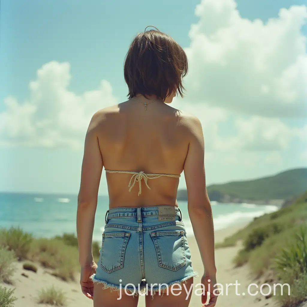 Godzilla-in-HighWaisted-Light-Blue-Denim-Shorts-with-Brown-Fringed-Hair-Shot-on-Kodak-Portra-160-Film