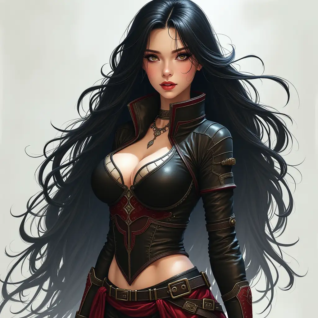 depiction of a beautiful white woman with long mixed white-black hair in a battle suit