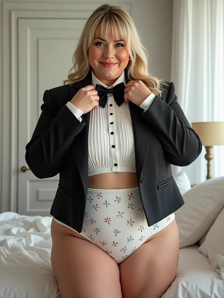 Smiling-Caucasian-Woman-in-Formal-Orchestra-Tuxedo-with-Micro-Star-Print-in-White-Bedroom