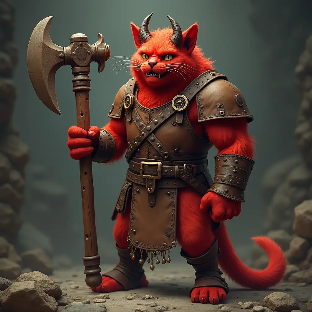 Fierce RedFurred Demonic Cat Miner in Medieval Leather Attire