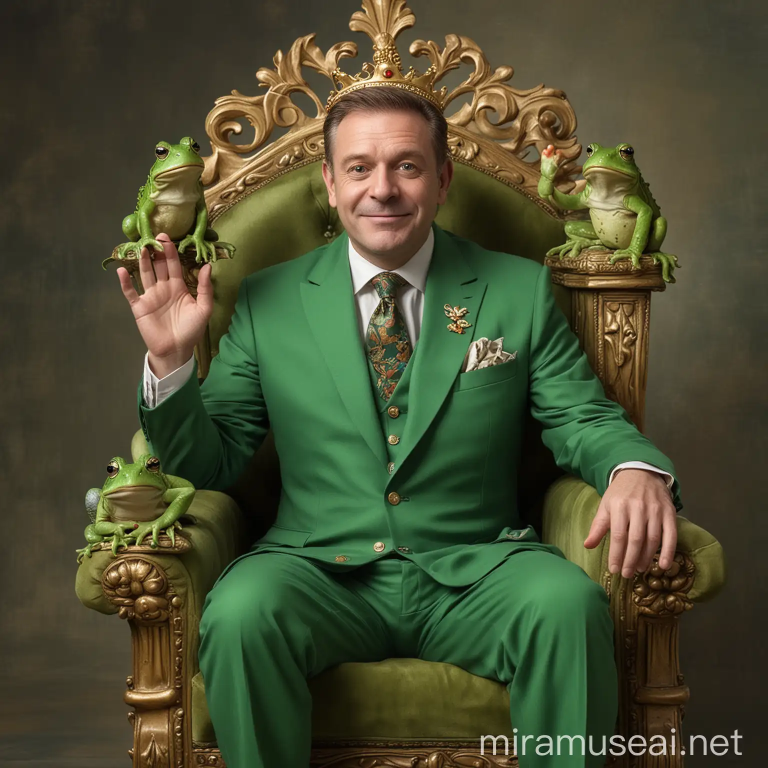 Middleaged Man in Green Suit on Throne with Frogs