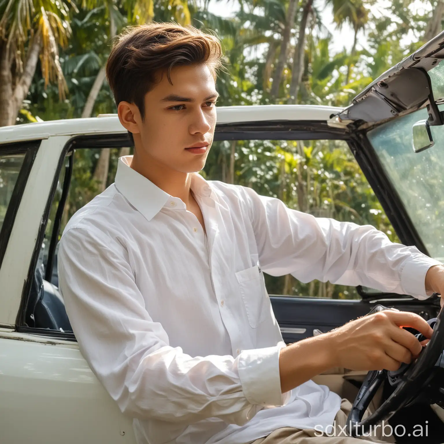 A young man learning to drive, wearing a white long-sleeved shirt, weather in the tropics' winter, sunny