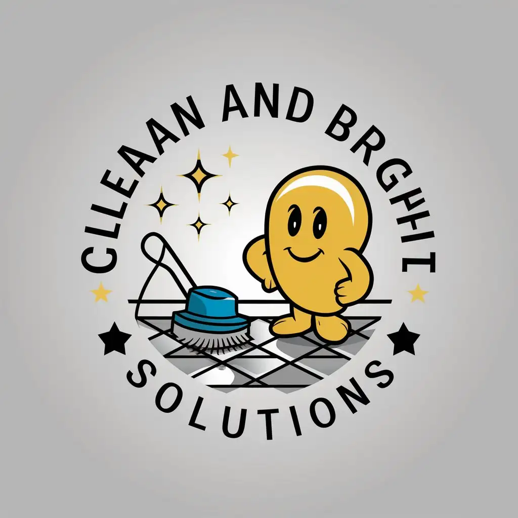 LOGO Design For Clean and Bright Solutions Bright Cartoon Character with Buffer Cleaning a StarShining Floor