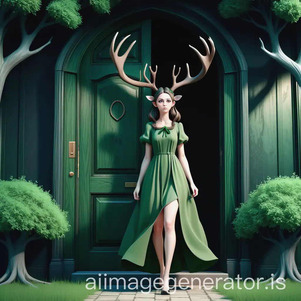 a beautiful girl with deer antlers and in a green old dress goes to a tall closed door in front of black trees in the style of 3d anime