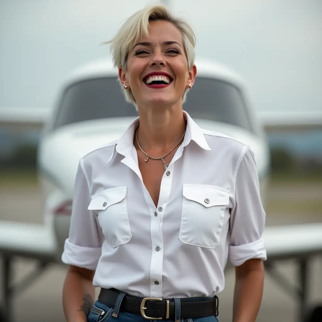 white lady 35 years old, in white deep-necked pilot shirt, laughing with her mouth open, red lipstick accentuating her smile,belt on waist, big wide hips, chest are fully grown, jewerly, short hair, HD,  aerodrome, photo-realism