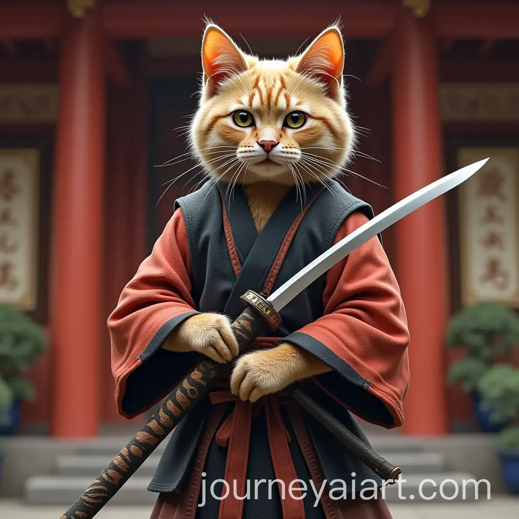 Humanized-Cat-Samurai-Holding-Katana-in-Buddhist-Temple