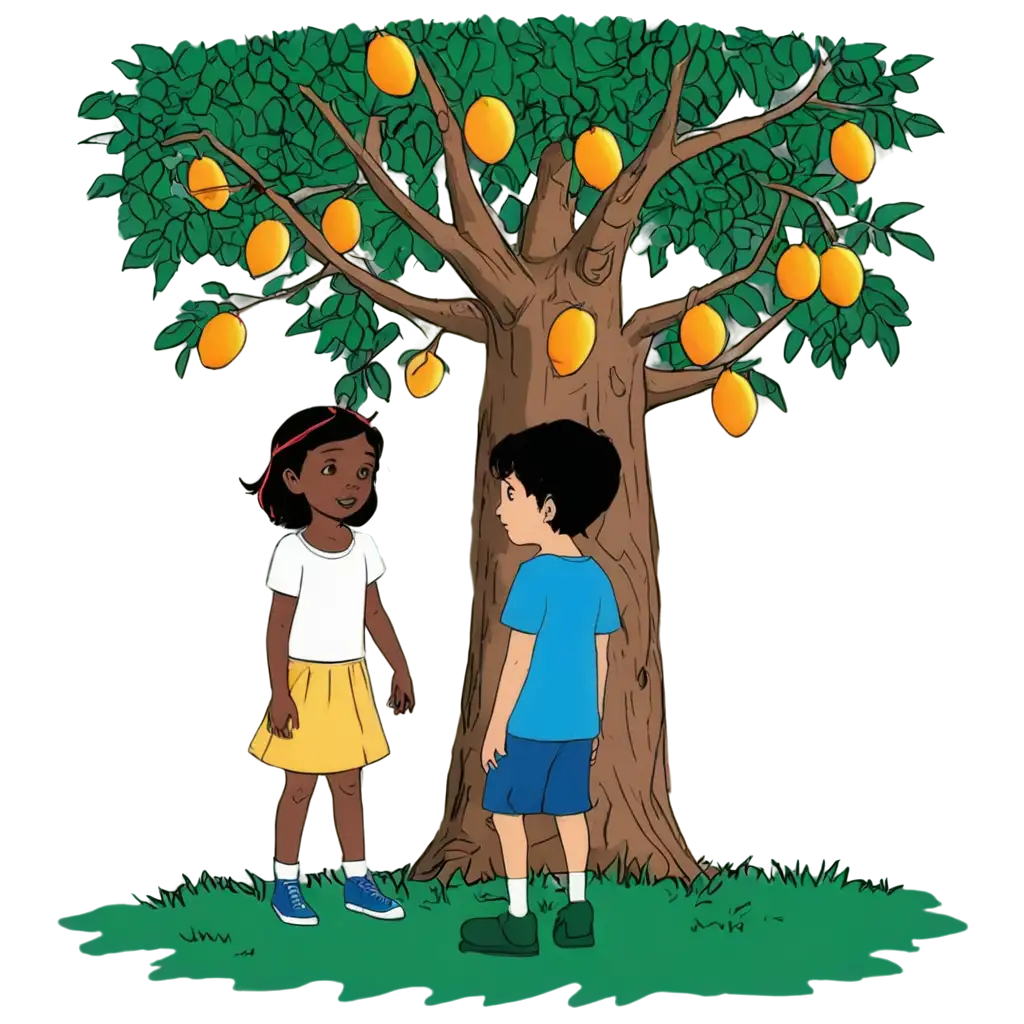 Colorful-Mango-Tree-Scene-with-Children-and-Elder-PNG-Image-for-Childrens-Comic-Book-Cover