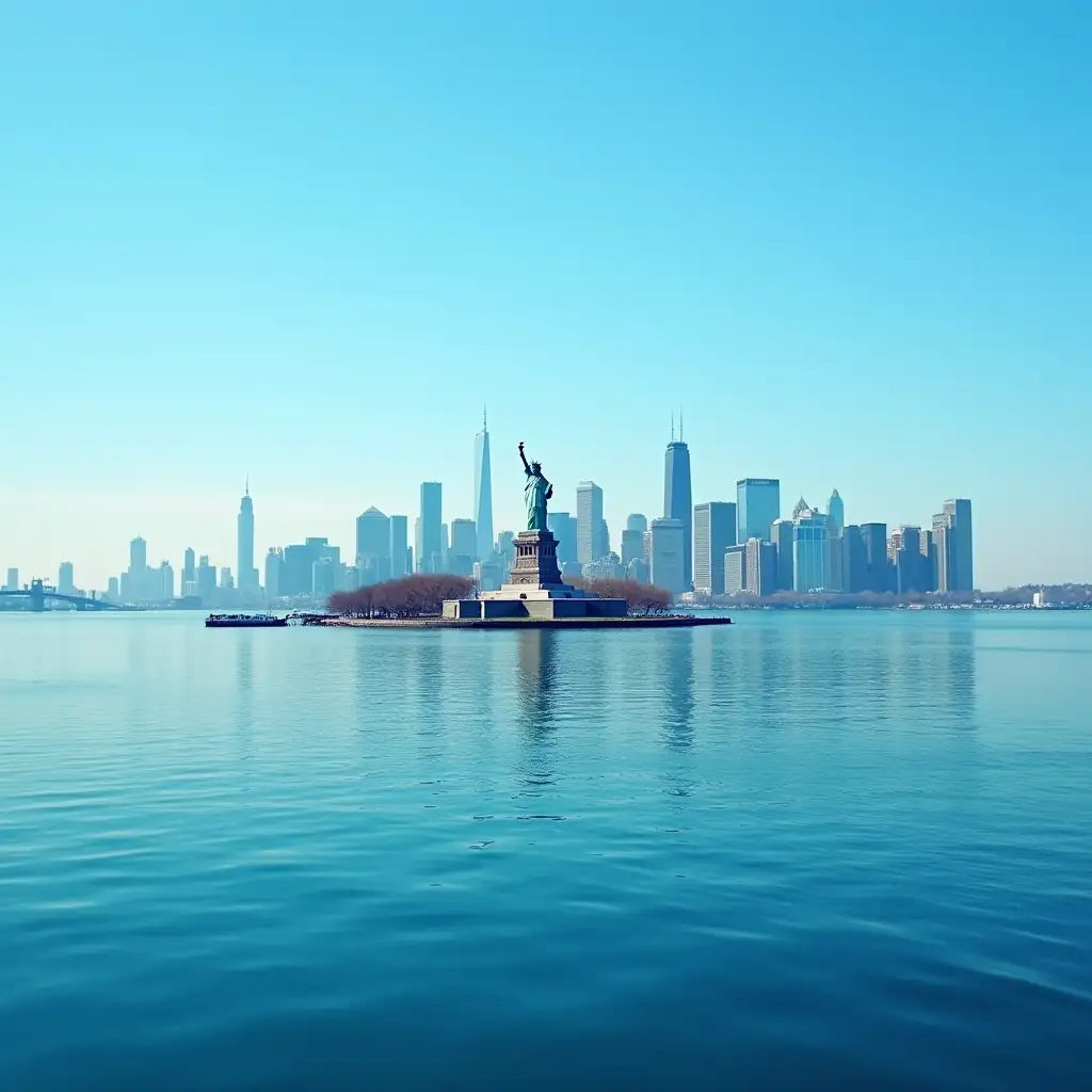 In this detailed and amazing photograph, it is recognized in the USA or United States with a beautiful and blue lake. In the center of the photograph, the statue of liberty is clearly visible, big, with the US flag behind. If we look a little further down in the photograph, there is a smooth and bright as a beautiful diamond lake. In the center you can easily see the high, modern, beautiful and amazing buildings that are close together like a Friday afternoon in a shopping mall. In the background you can see a clear and blurred sky from top to bottom. What stands out most about this landscape is the statue of liberty, the stunning lake made of light seeming like glass and the sky so blue.