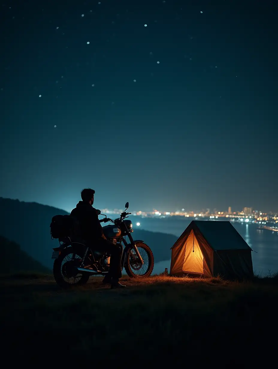 A drone-shot view of a young man sitting peacefully on a chair beside a small tent atop a remote hill, far away from the bustling city lights. The man, a stylish and smart young adult with well-groomed hair and trendy clothes, exudes an air of contentment and solitude. His Royal Enfield bike is parked nearby, saddlebags resting on it, completing the adventurous vibe. The scene captures the black night sky filled with countless stars, adding a serene and magical touch. In the distance, the city glows softly, its lights shimmering like a distant dream. Below the hill, a calm river reflects the starlit sky, enhancing the beauty of the moment. The perfect balance of the man's peaceful demeanor, the stunning landscape, and the cinematic lighting makes this a breathtaking portrayal of solitude and adventure.