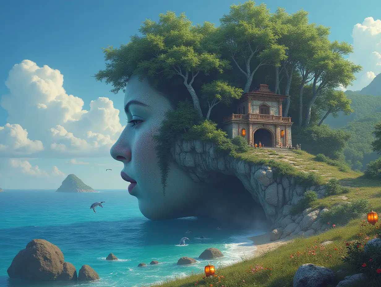 Creating a digital painting transforms a face with cliff hair into a building with stones and trees with roots and rocks and lanterns by the sea, strange creatures – flying whales on a meadow with rainbow-blue sky