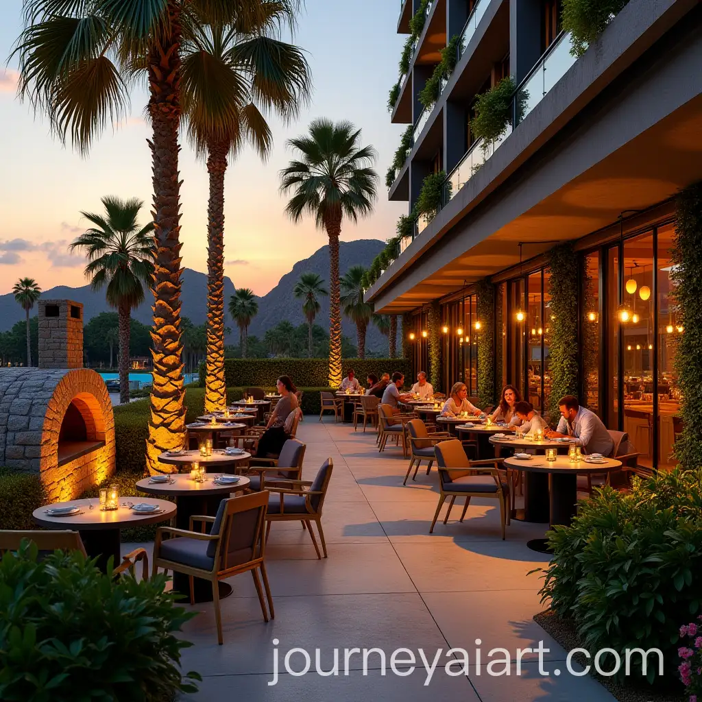 Cozy-Sunset-Dining-in-Modern-Outdoor-Restaurant-with-Tropical-Ambiance