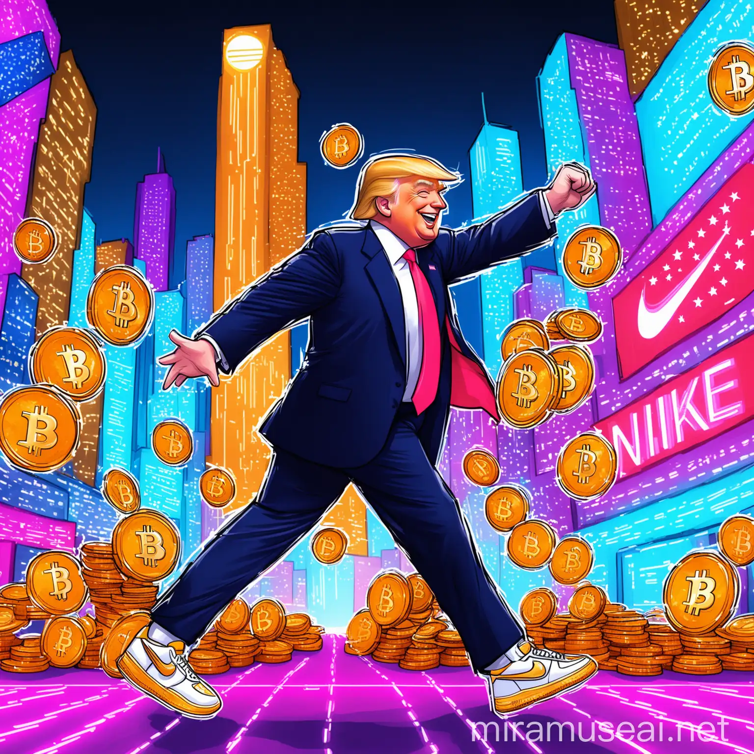 Dancing Donald Trump Celebrating Bitcoin in a Neon City