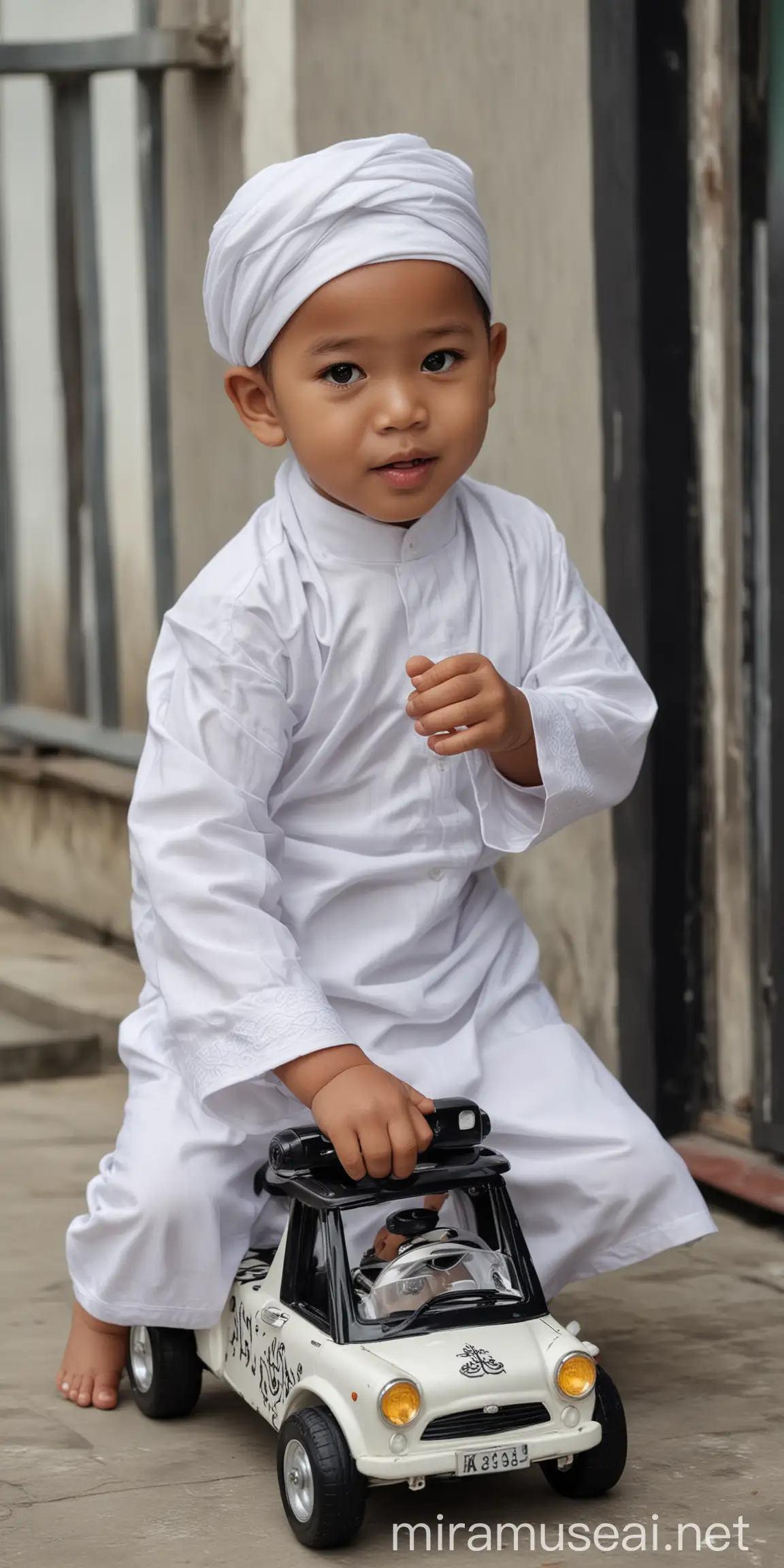 OneYearOld Indonesian Boy in Traditional Clothing Riding a Toy Car on a Sunny Day