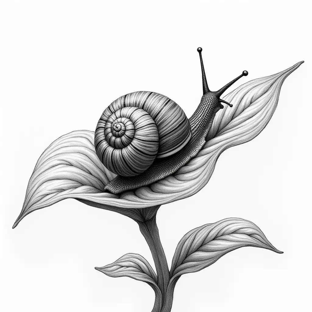 Realistic Black and White Art Snail Walking on Variegated Hosta Leaf