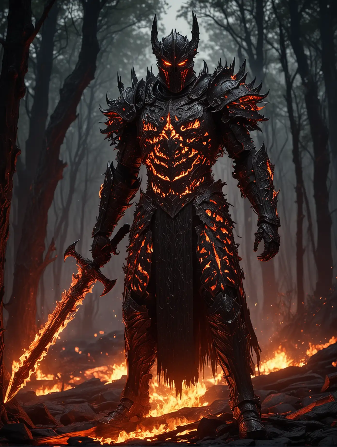 demonic knight, terrifying, flaming armor and shield glowing with veins of lava inlaid, huge flaming sword, dark otherworldly forest, 8k, photography, ultrarealistic,