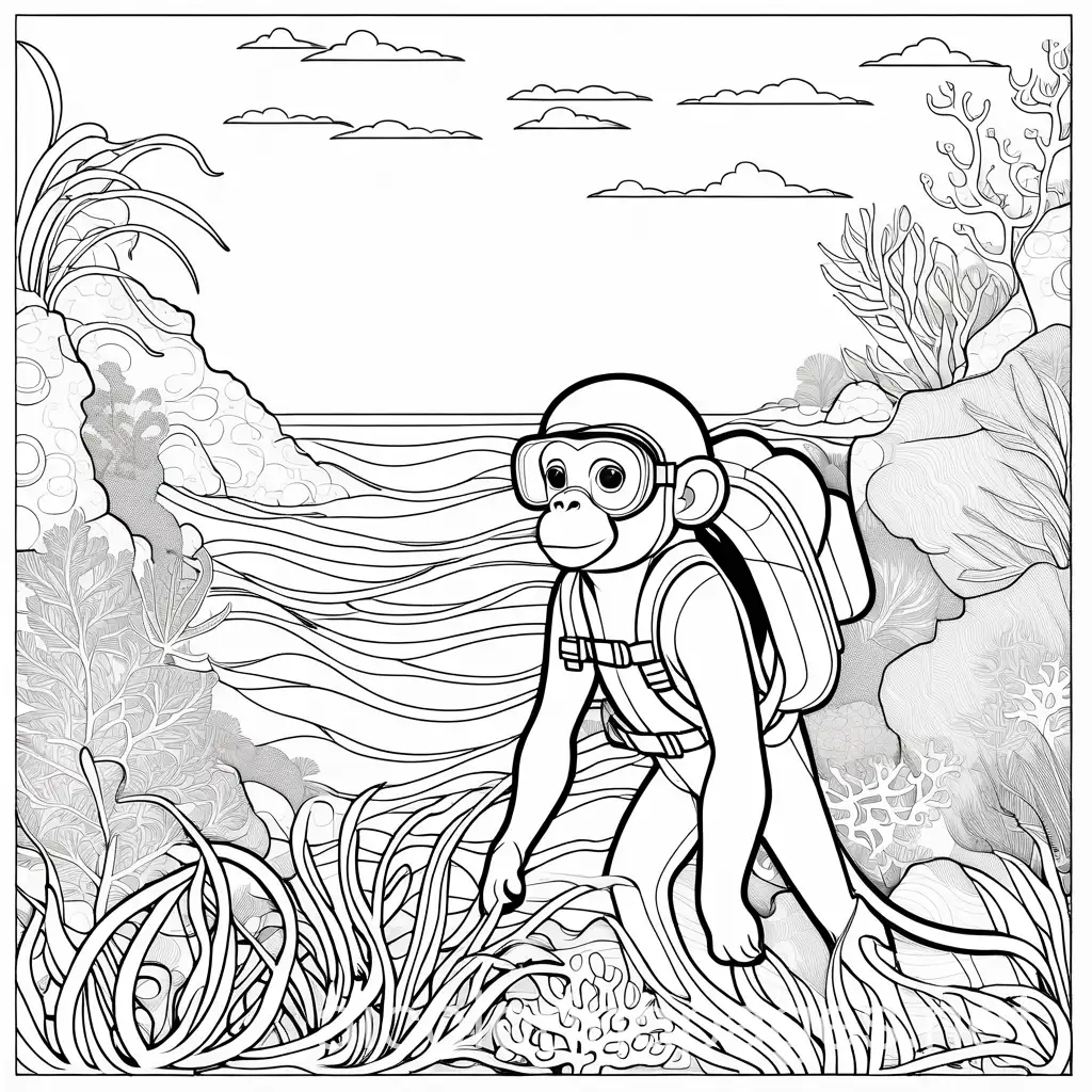 Monkey-Exploring-Underwater-Coral-Reef-Coloring-Page