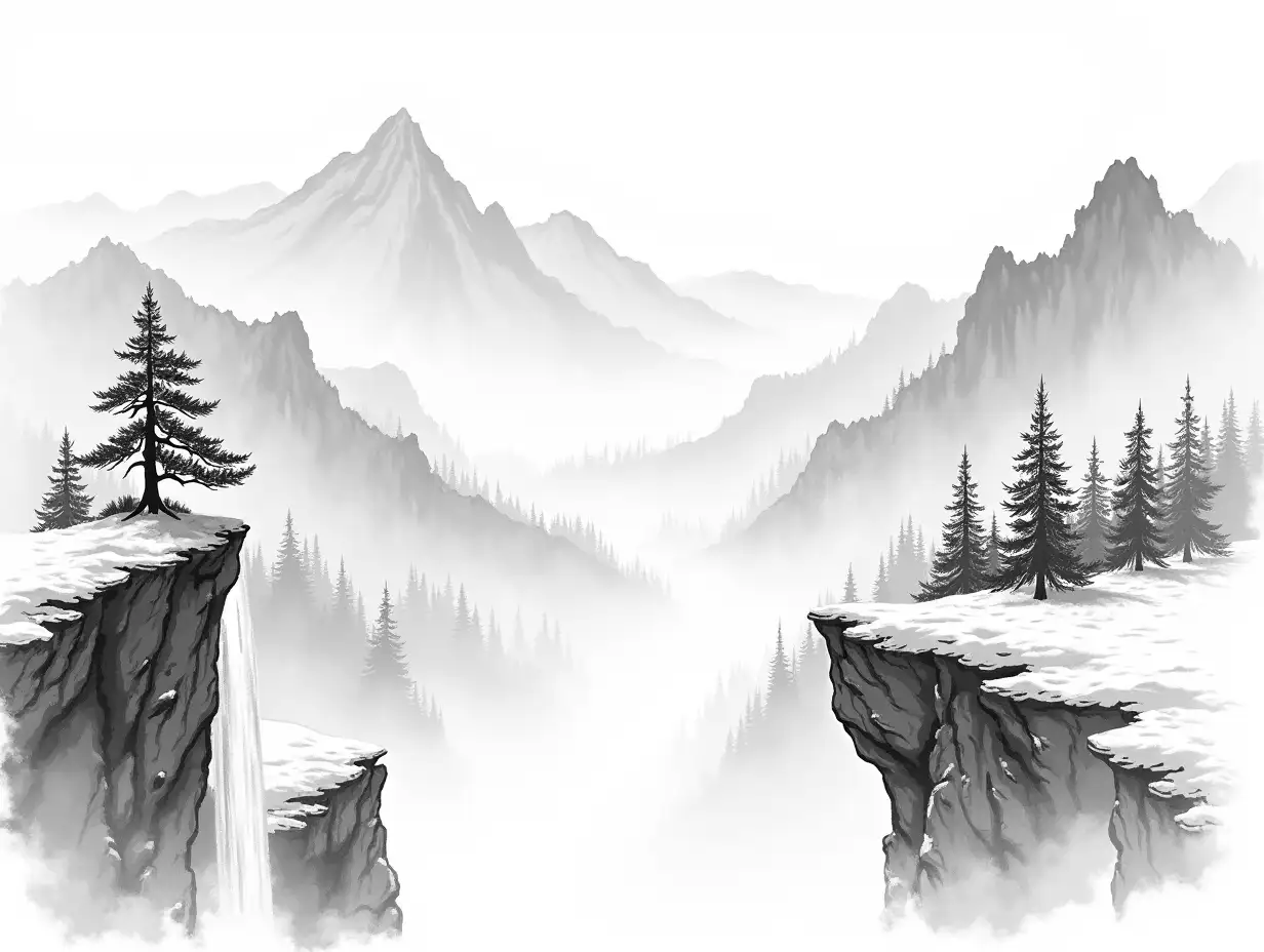 A drawing in the style of a Chinese ink drawing in black and white mountains, a small pine tree on a cliff, a river between , waterfall,  trees, mountains winter