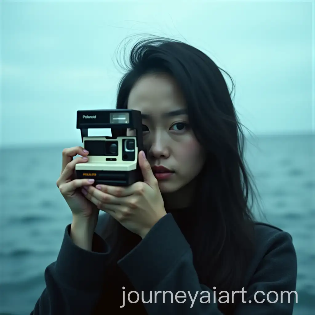 Young-Woman-with-Polaroid-Camera-by-the-Ocean-in-Moody-Cinematic-Portrait