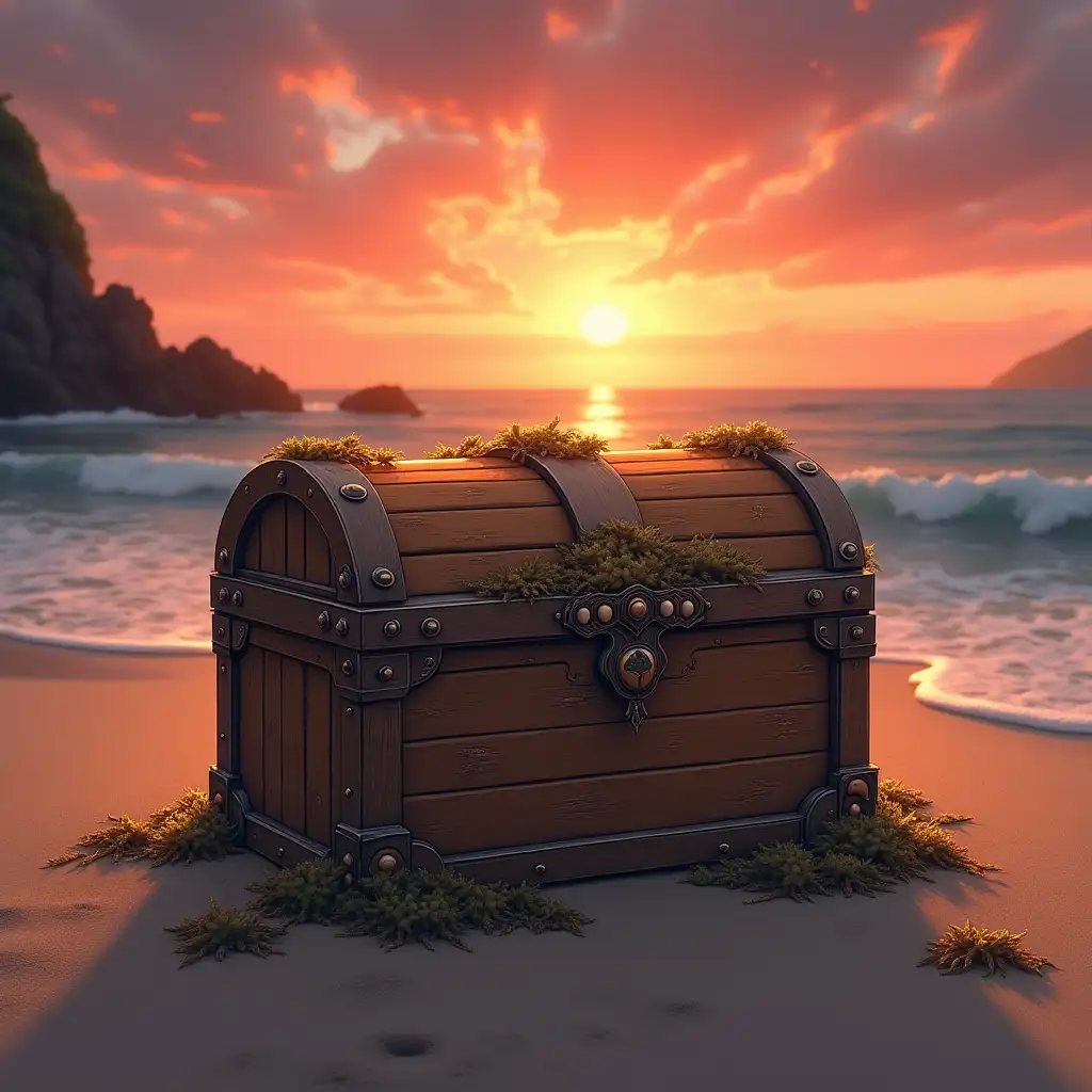 user_prompt: Anime style, wooden chest, on a sandy beach, adorned with nacre and covered with seaweed, sunset