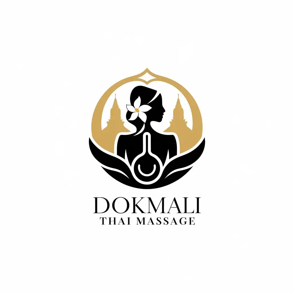 LOGO Design for Dokmali Thai Massage Golden Black Jasmine and Thai Monk Temple Theme