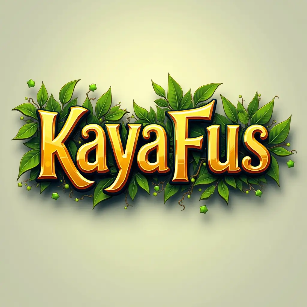 Instructions for the "KayaFus" logo
	1. Text & Style
	• The logo must display "KayaFus", with a fantasy and organic typography.
	• The letters should have elegant curves, with a 3D and shiny effect.
	• Add a dark outline to make the text stand out from the background.
	2. Colors & Effects
	• Use a golden gradient, ranging from yellow to light brown, to give a luxurious and magical look.
	• Add a soft shadow below the text to enhance the effect of depth.
	• Incorporate a subtle glow effect, to give an impression of energy.
	3. Decorative elements
	• Add green leaves and intertwined stems around the letters, to give a natural and mystical style.
	• The leaves should have a faint green glow, like magical energy.
	• Ability to add small light particles around the text to enhance the enchanted effect.
	4. General Atmosphere
	• The design should evoke a fantasy universe, inspired by nature and magic.
	• The whole thing should be modern, detailed and immersive, with a cartoonish and elegant touch.

Summary
	• Text: "KayaFus"
	• Colors: Gold, Brown, Green
	• Style: Fantasy, Magical, Natural
	• Effects: 3D Relief, Leaves, Green Glow, Magic Particles
