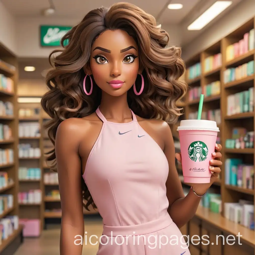 BrownSkinned-Woman-in-Pink-Nike-Jumpsuit-at-Bookstore-with-Starbucks