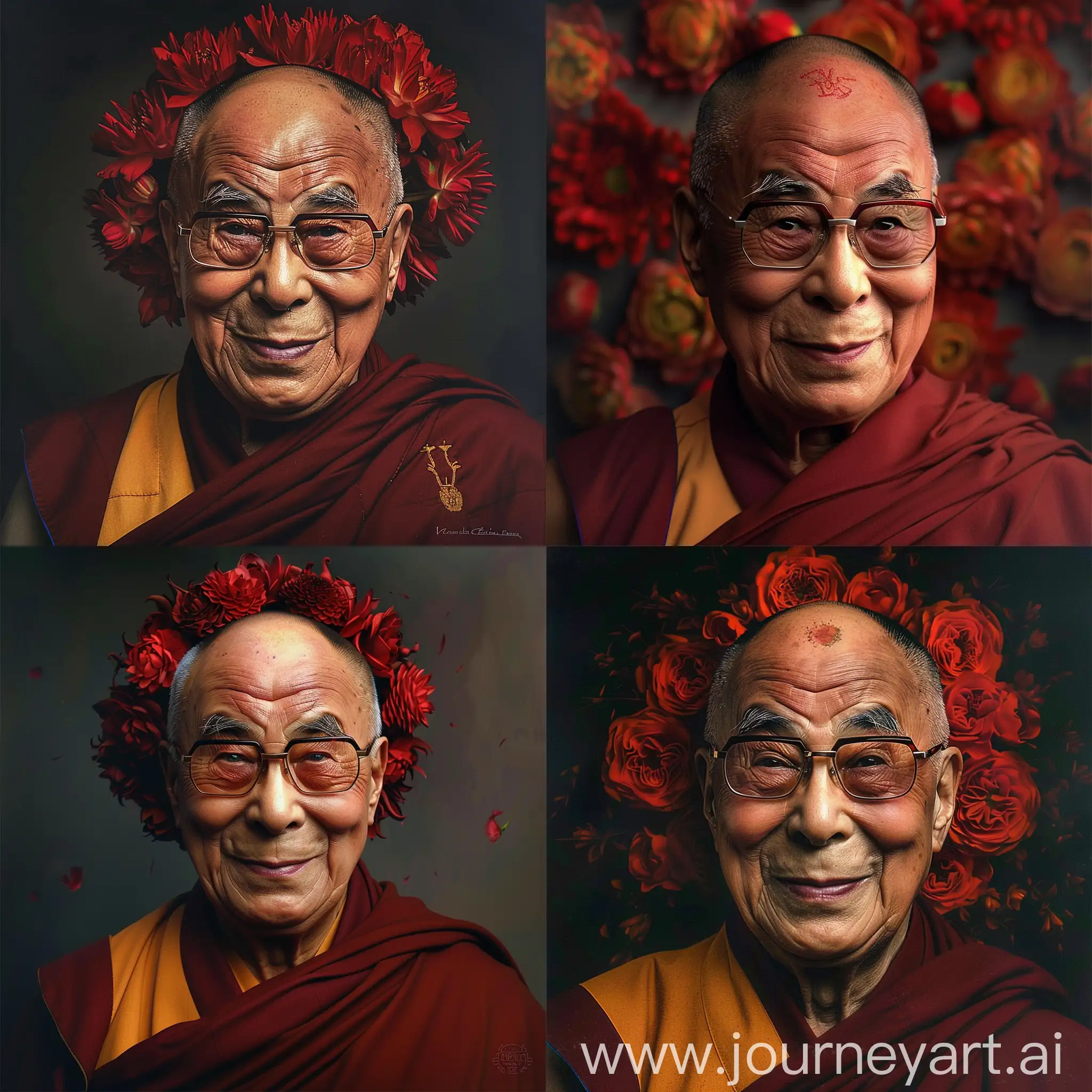 Dalai-Lama-Wearing-Red-Flower-Wreath-in-Hyper-Realistic-Style