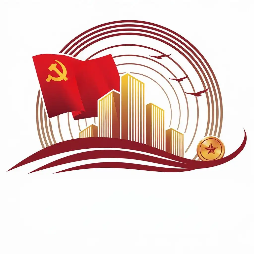 a vector logo design,with the text "Zhù Mèng Lián Chuàng Xiān Fēng", main symbol:China Communist Party flag, building, flying birds, concentric circles, theme color is bright red,Moderate,be used in Real Estate industry,clear background