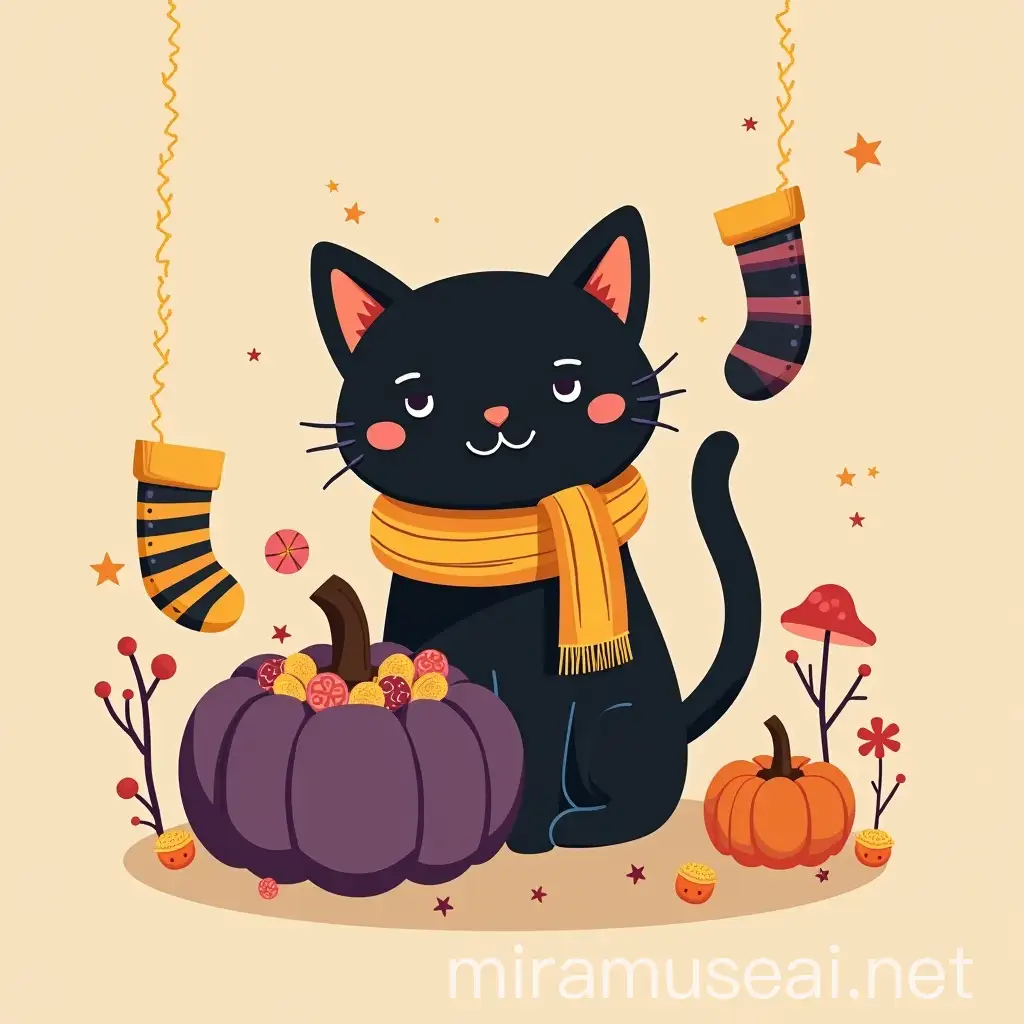 Whimsical Black Cat with Scarf Next to Colorful Pumpkin