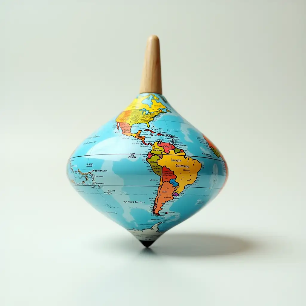 A highly realistic trompo (spinning top) seamlessly transformed into a globe. The spherical body of the trompo is wrapped with a detailed world map, featuring accurate continents, oceans, and borders, perfectly following its curvature. The pointed tip and string remain unchanged, ensuring the toy retains its classic functionality while appearing as a miniature spinning Earth. The fusion is flawless, making it look as if the world itself is a playful object in motion. The background is clean and neutral, highlighting the surreal yet dynamic transformation.