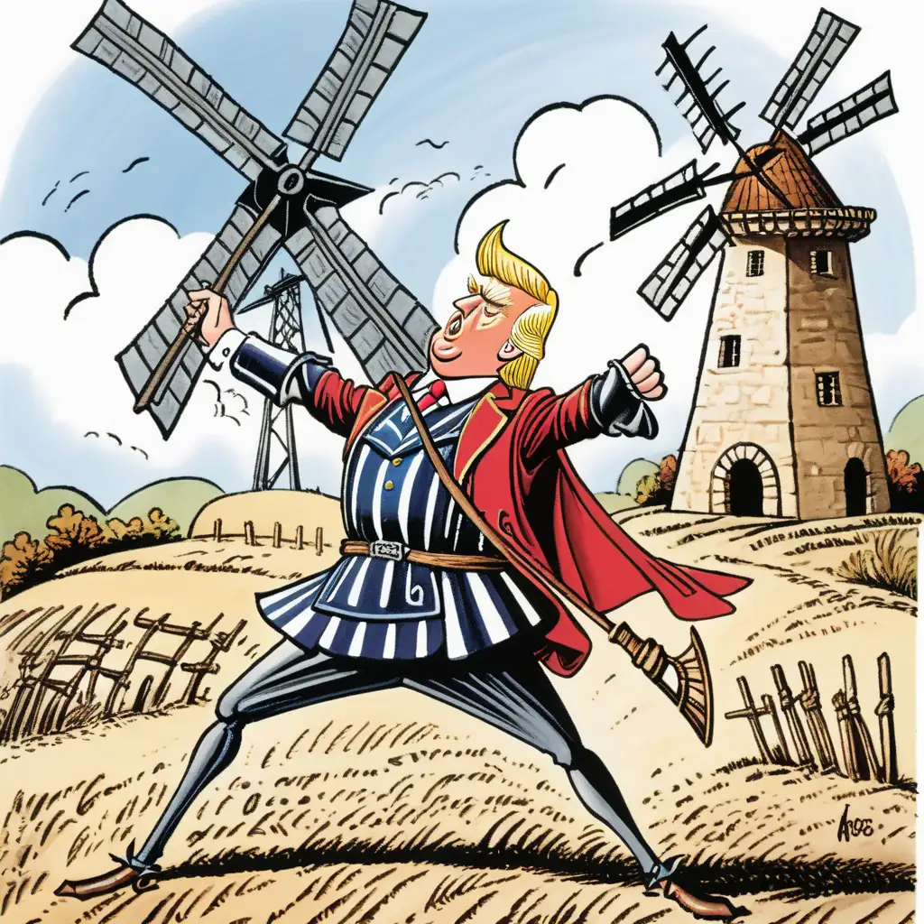 Cartoon of Trump as Don Quixote Fighting a Windmill