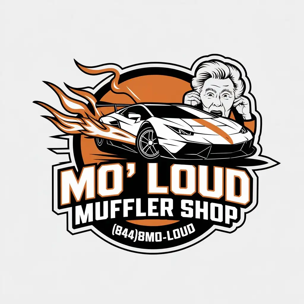 LOGO Design for Mo Loud Muffler Shop Sports Car with Flames and Mad Old Lady Theme