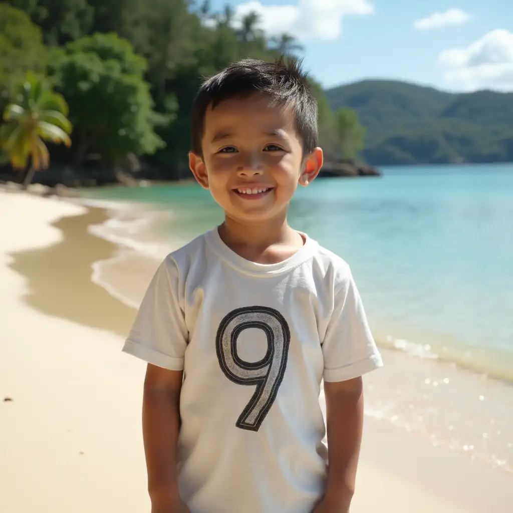 a big kid with a 9 year old's t-shirt in the philippines on an island with trees and sand