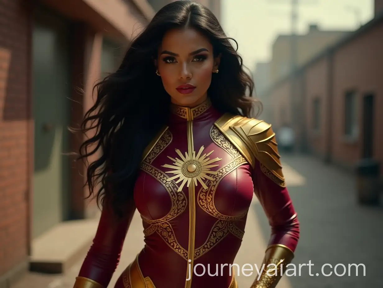 Futuristic-Female-Superhero-in-Maroon-and-Gold-Costume-with-Urban-Background