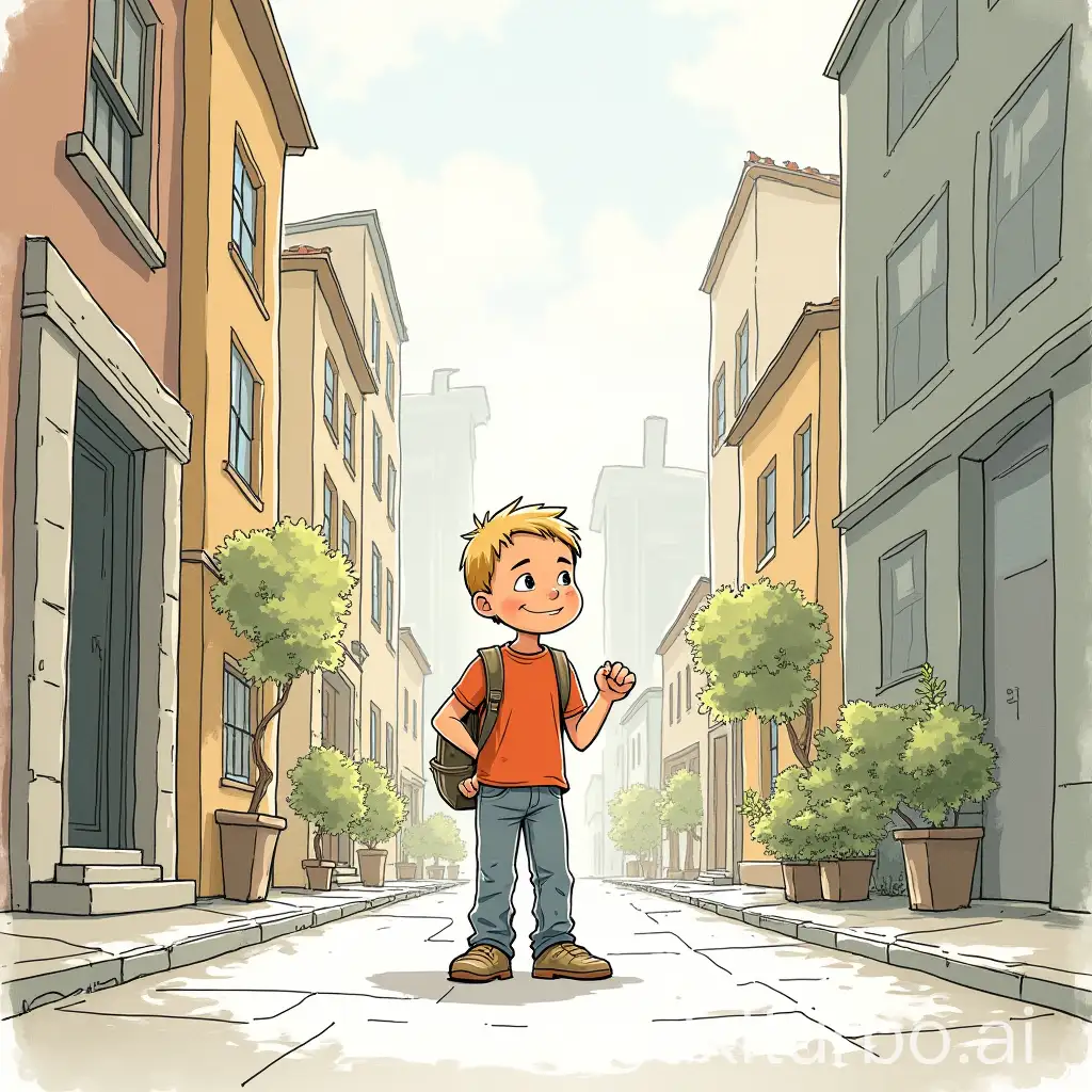 a child named Alex entering in City - Handdrawn Children's Book=seed=188103932