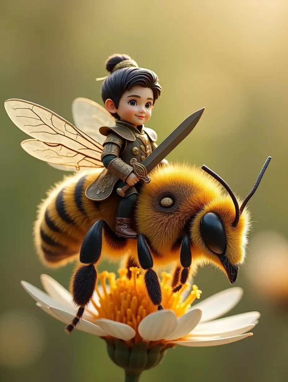 Charming-Korean-Man-Riding-a-RealSized-Honeybee-in-a-Wildflower-Meadow