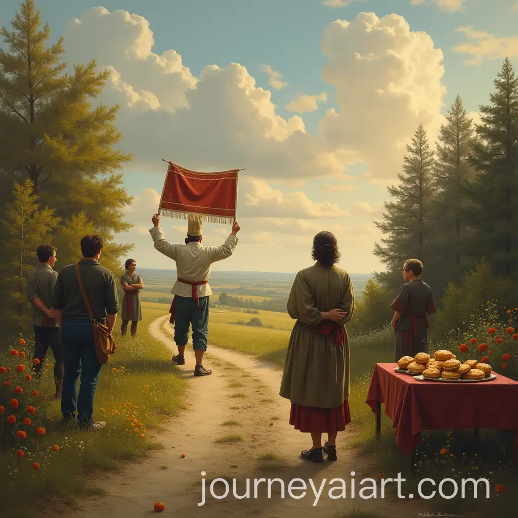 Sad-Farewell-of-a-Cook-on-a-Long-Road-with-Pasties-on-a-Table