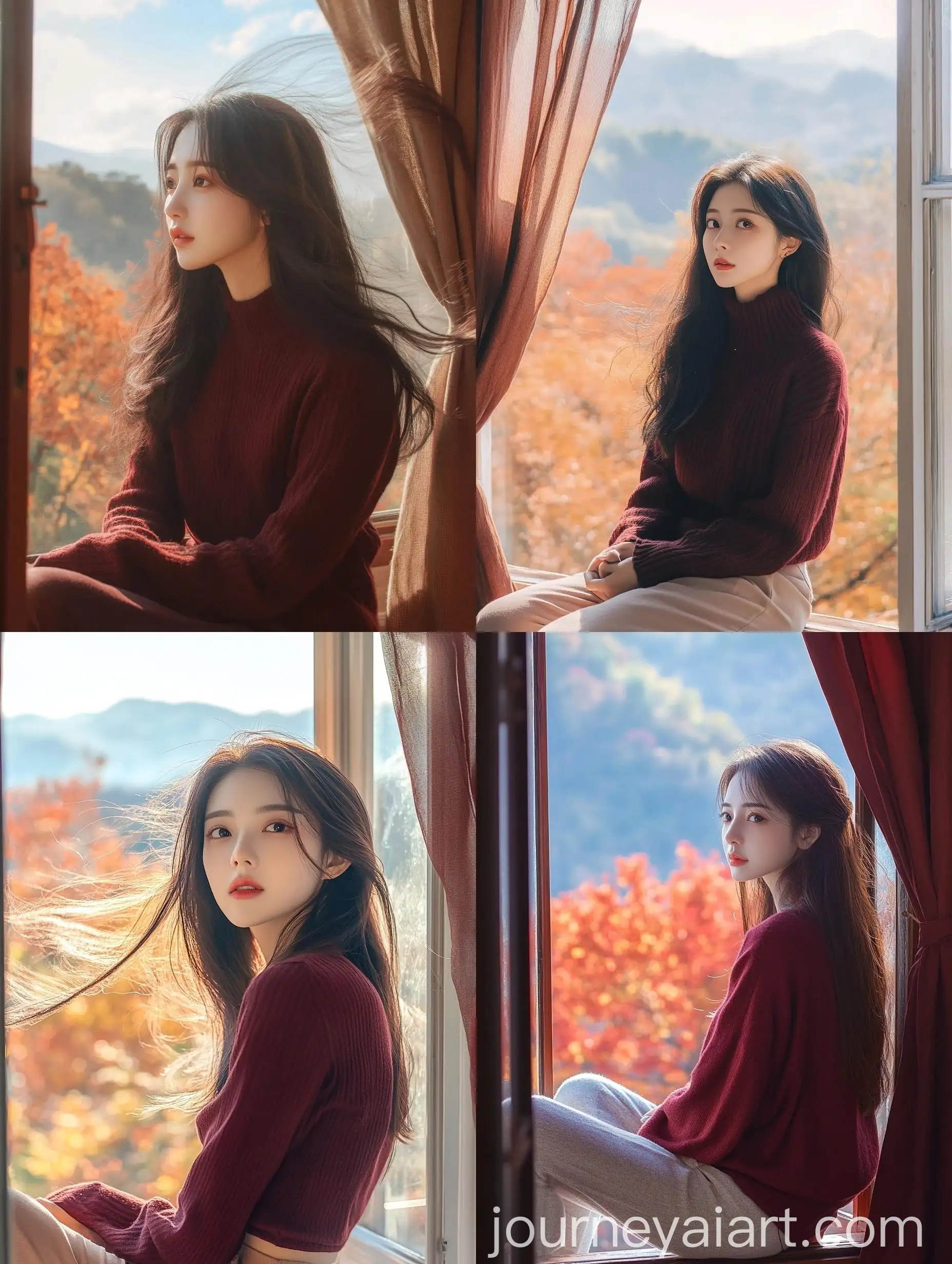 Serene-Chinese-Woman-by-Open-Window-Overlooking-Maple-Hills