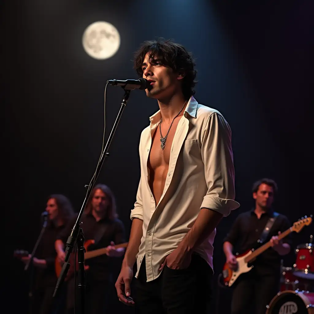 Handsome man with an open shirt on a stage with his music group (bassist, guitar and drums), very handsome at the age of 27, with black hair and green eyes holding a microphone in his hand singing and the moon in the background.