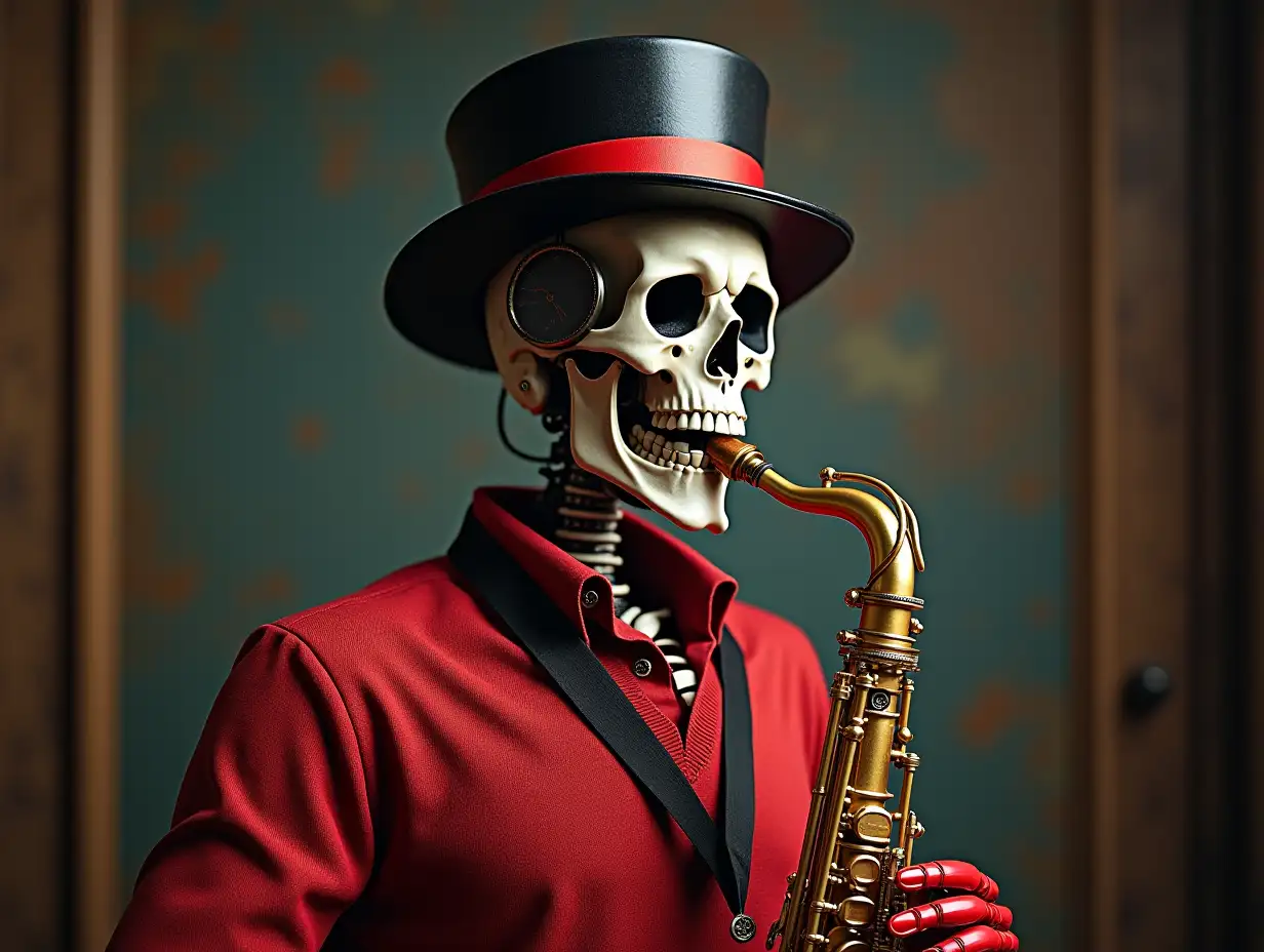 Create a high-resolution, realistic image of a robot with a skeleton body, red porcelain hands and head, a sweater, a Steampunk top hat and a Selmer Supreme Alto Sax SE-ASUB 1 in 4K resolution (Steampunk 8K quality)