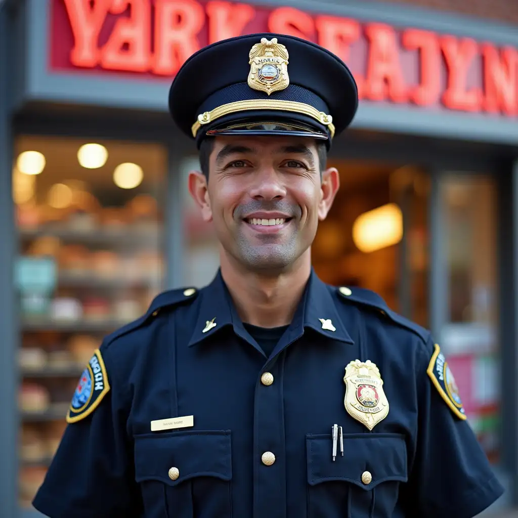 A puerto rican New York Police Department officer wearing his uniform standing in front of a donut shop