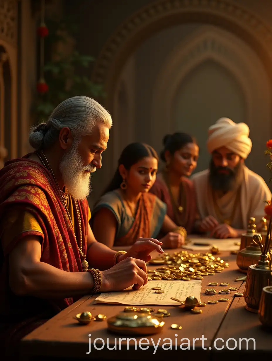 Grooms-Family-Counting-Gold-Coins-in-Dark-Room-Featuring-Royal-Figures-in-Majestic-Lighting