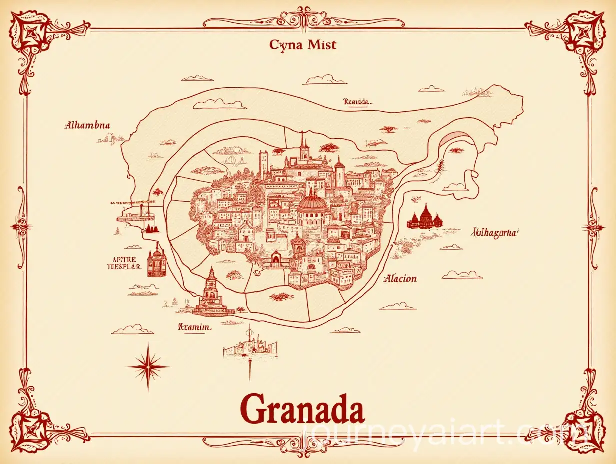 Ancient-Treasure-Map-of-Granada-Spain-with-Arabic-Patterns-and-Historic-Landmarks