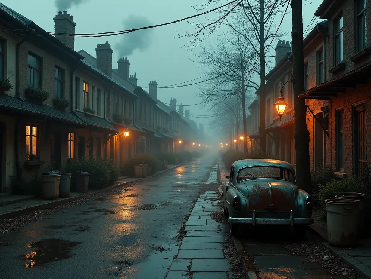 Creating a digital photo of a street with old dilapidated houses with chimneys and smoke, lying garbage cans on the street with brown soup tips and illuminated toilets with rusty iron and a river with floating paint fog and rusty lanterns and a rusty car with broken windshield