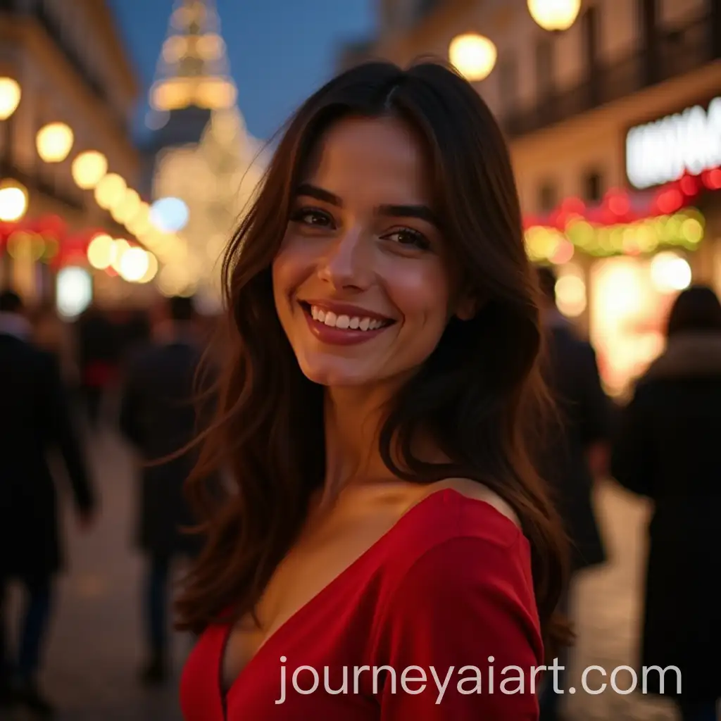 Elegant-Spanish-Beauty-in-Red-Dress-Celebrating-Christmas-Eve-in-Town-Square
