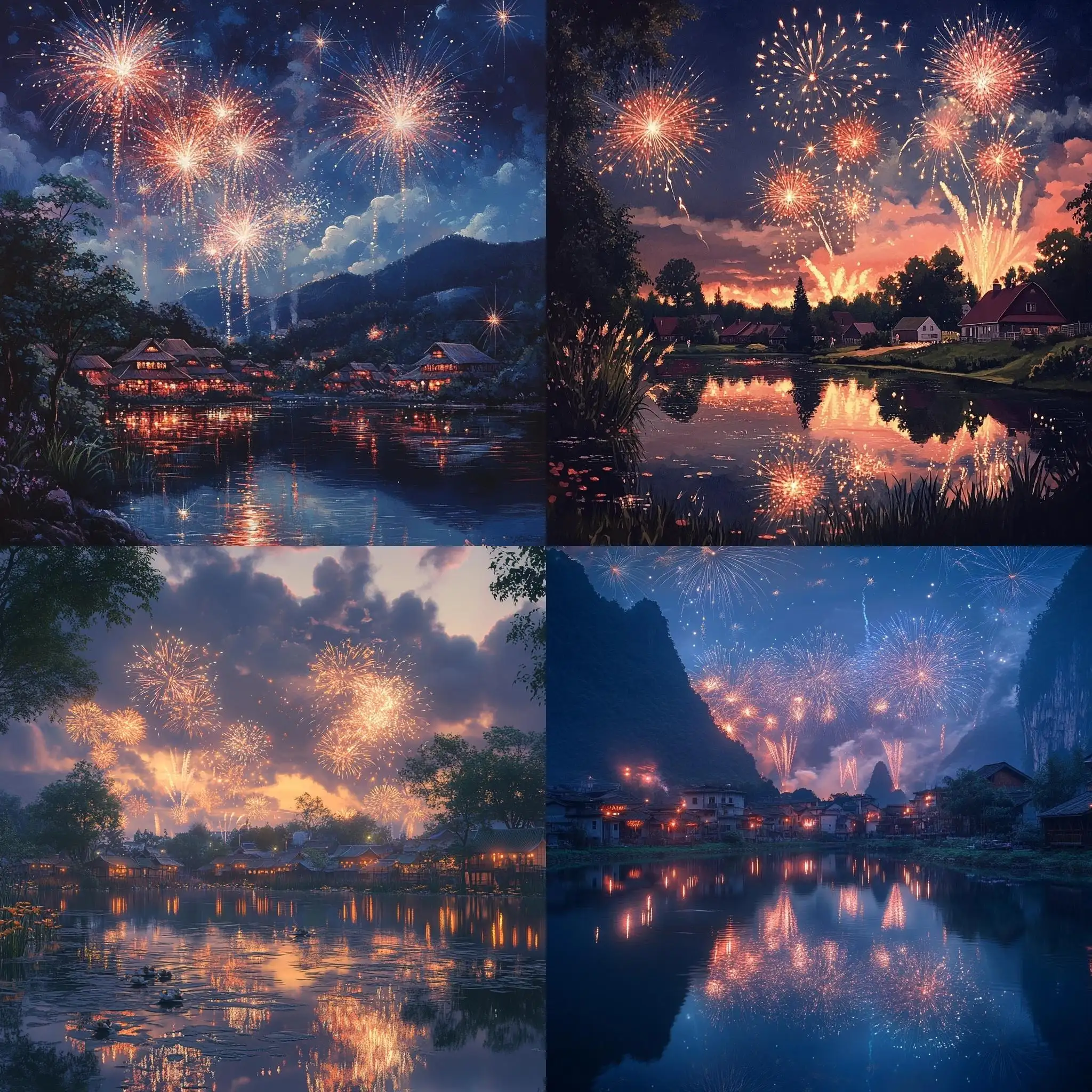 Fireworks-Illuminating-a-Tranquil-Village-Pond